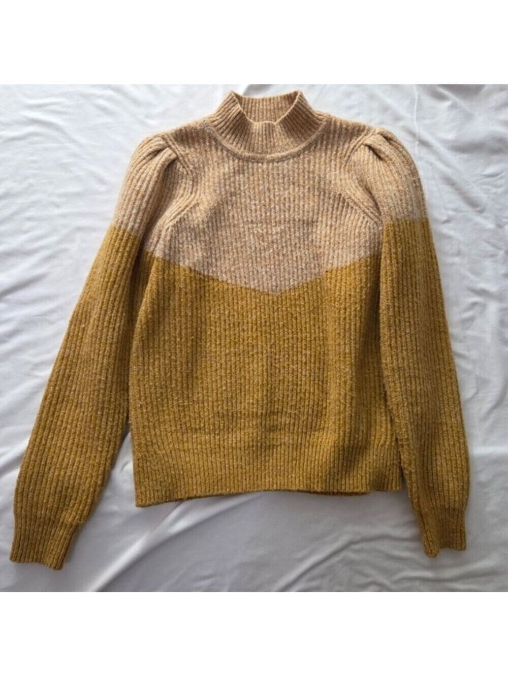 Vero Moda Color Block Puff Sleeve Mock Neck Sweater Yellow Tan M